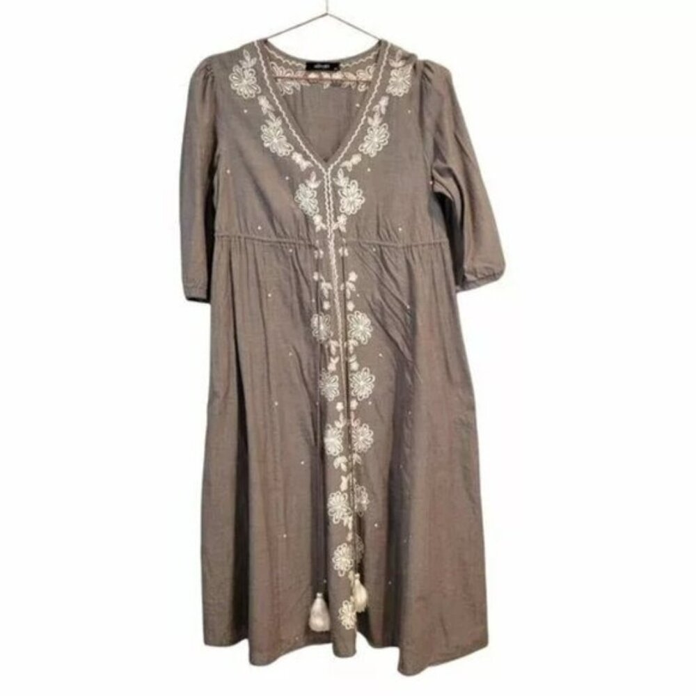 eShakti | Floral Embroidered Midi Half Sleeve V Neck Cotton Dress Gray